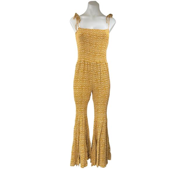 Storia Yellow White Geometric Sleeveless Smocked Flared Bell Bottom Jumpsuit L - Picture 1 of 4